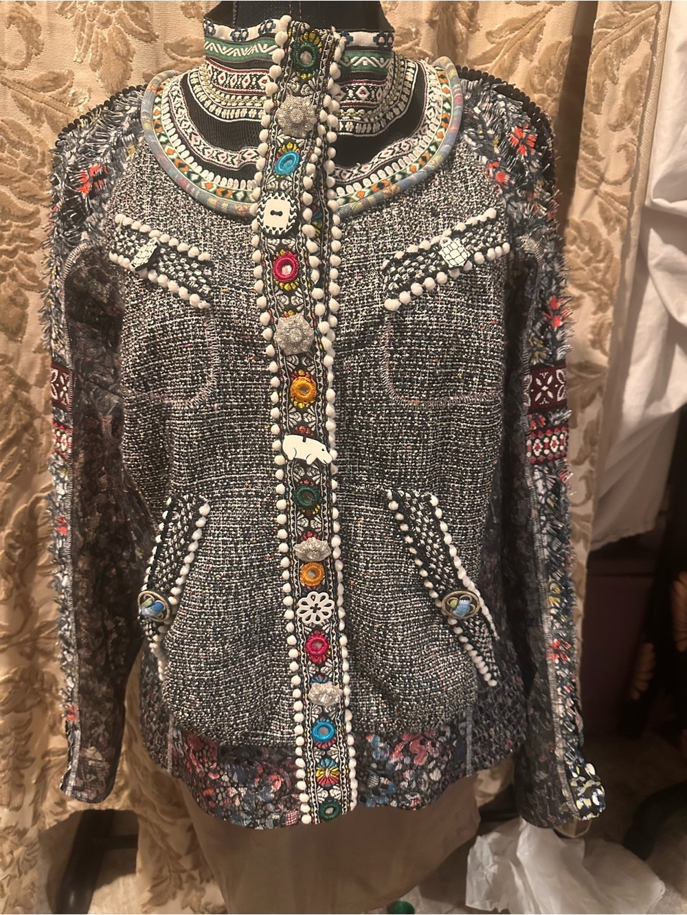 Byron Lars Black & White Tweed Jacket with Multicolor Embellished Trim